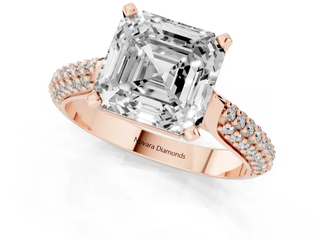 Asscher Cut Diamond Solitaire Engagement Ring Set in Rose gold with Multi-Row Round Pavé Band and Prong Setting – second view