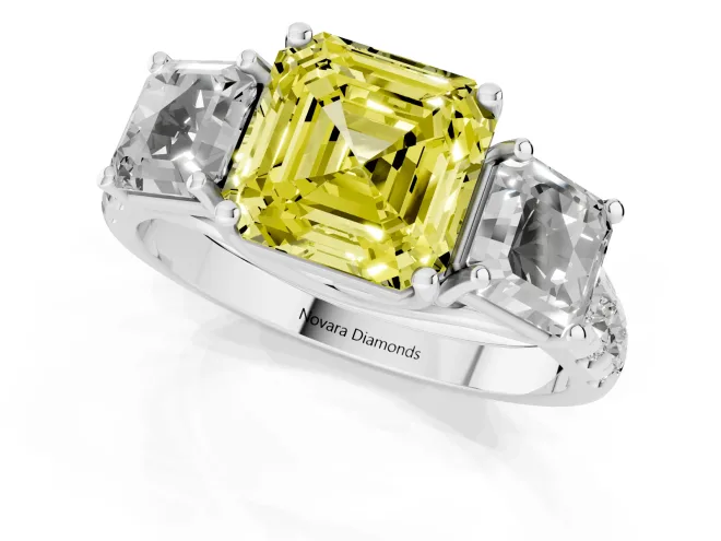 Fancy Yellow Asscher Cut Diamond Three-Stone Ring Set in Platinum with Pavé Band – second view