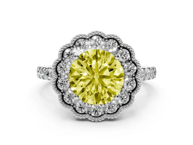 Round Vintage Milgrain Floral Halo Engagement Ring Setting for a Fancy Yellow Lab-Grown Diamond | Pavé Band | White Gold