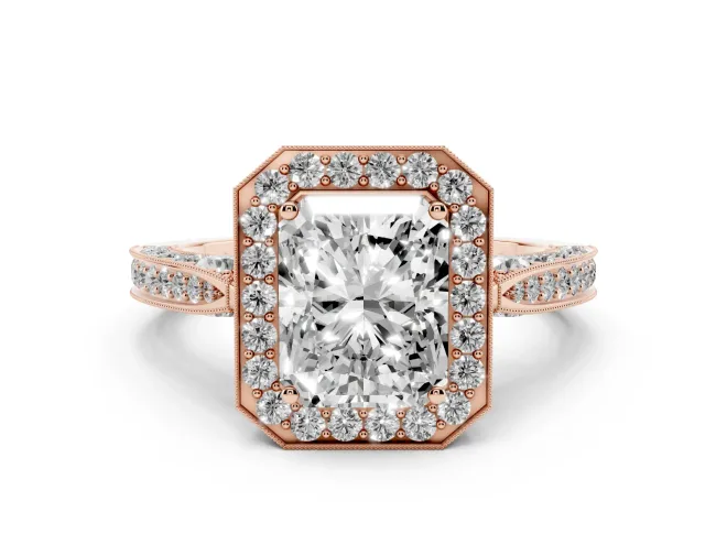 Radiant Cut Diamond Halo Engagement Ring Set in Rose gold with Accent Split Shank Band
