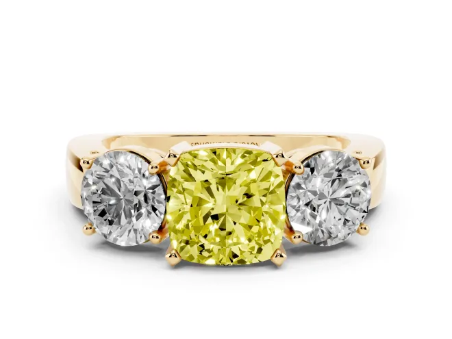 Fancy Yellow Cushion Cut Diamond Three-Stone Ring Set in Yellow gold with Round Side Stones and Classic Band