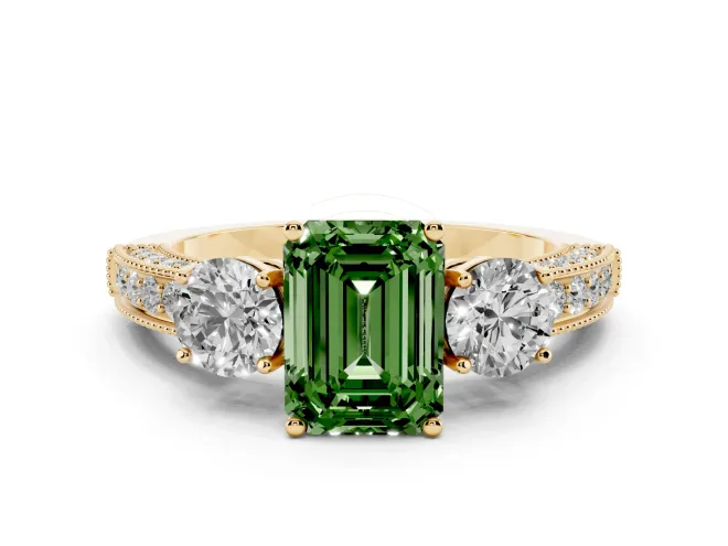 Fancy Green Emerald Cut Diamond Three-Stone Ring Set in Yellow gold with Round Side Stones and Pavé Band
