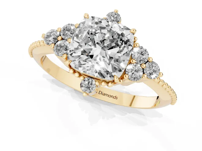 Cushion Cut Diamond Cluster Ring Set in Yellow gold with Beaded Band – second view