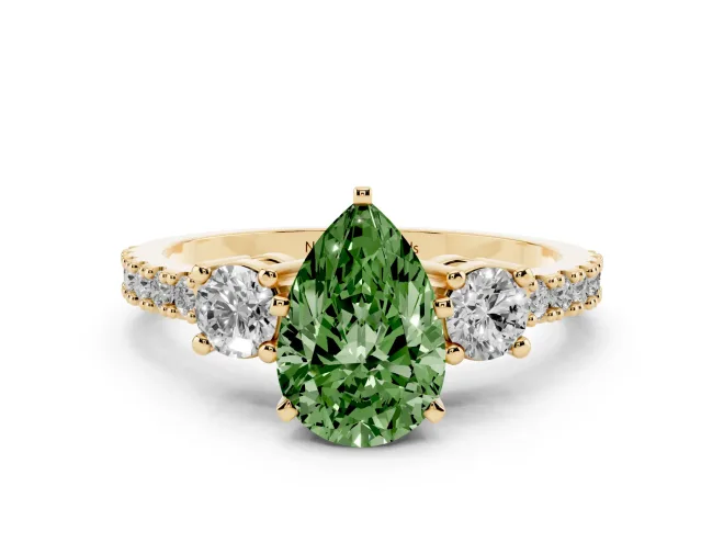 Pear-Shaped Three Stone Engagement Ring Setting for a Fancy Green Lab-Grown Diamond | Pavé Band | Yellow Gold