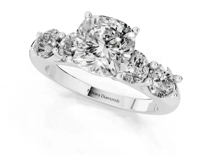 Cushion Cut Diamond Five-Stone Prong Set Ring Set in White gold with Classic Band – second view