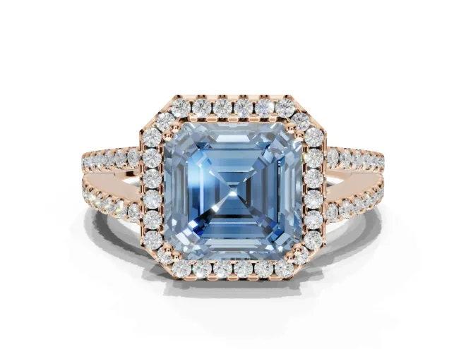 Asscher Cut Halo Split Shank Engagement Ring Setting for a Fancy Blue Lab-Grown Diamond | Pavé Shoulders | Rose Gold