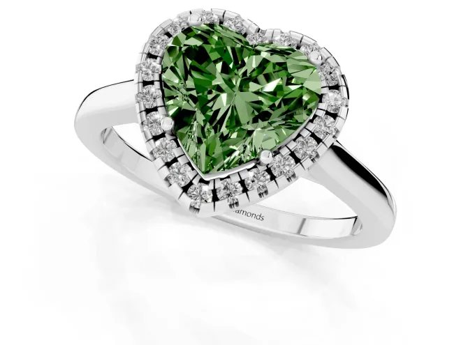 Fancy Green Heart Cut Halo Round Diamond Solitaire Ring Set in White gold with Pavé Band and Prong Setting – second view