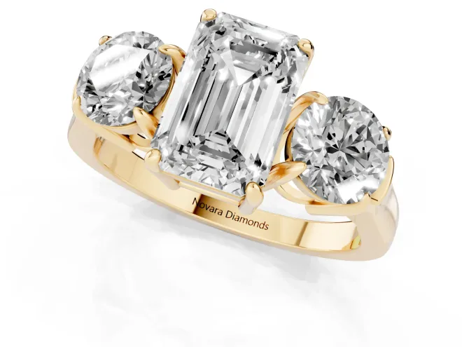 Emerald Cut Three Stone Engagement Ring Setting | Round Side Stones and Open Baskets | Yellow Gold – second view