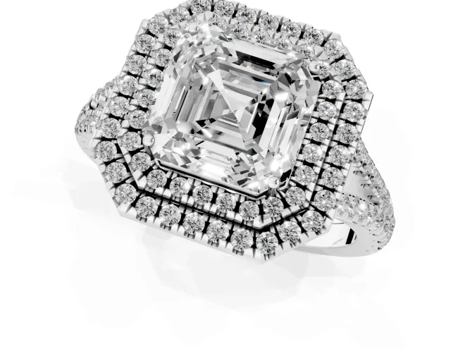 Asscher Cut Diamond Double Halo Ring Set in White gold with Pavé Band – second view