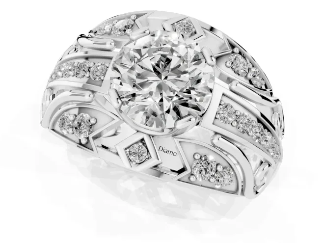 Round Cut Diamond Art Deco Ring Set in Silver with Pavé Split Shank – second view