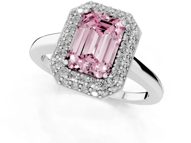 Fancy Pink Emerald Cut Diamond Halo Engagement Ring Set in Platinum with Solitaire Band and Prong Setting – second view