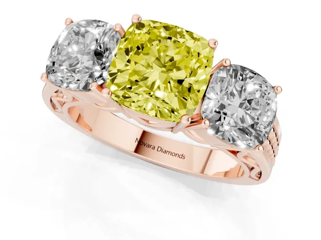 Fancy Yellow Cushion Cut Diamond Three-Stone Ring Set in Rose gold with Textured Band – second view
