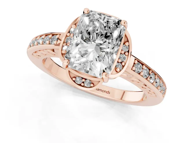 Radiant Cut Diamond Halo Ring Set in Rose gold with Channel Set Band and Prong Setting – second view