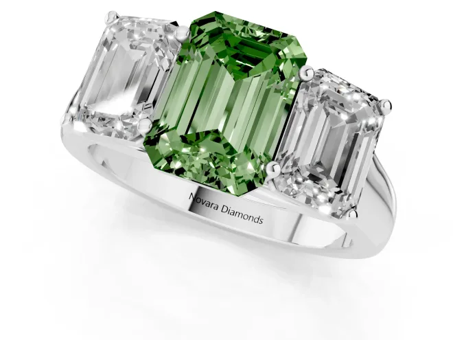Fancy Green Emerald Cut Diamond Three-Stone Ring Set in White gold with Plain Polished Band – second view