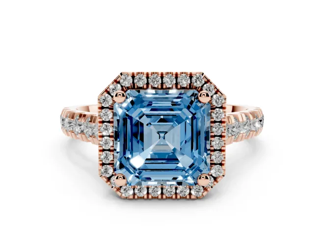Asscher Cut Accented Halo Engagement Ring Setting for a Fancy Blue Lab-Grown Diamond | Rose Gold