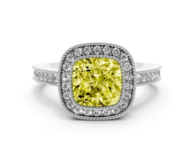 Cushion Cut Milgrain Halo Engagement Ring Setting for a Fancy Yellow Lab-Grown Diamond | Pavé Band | Sterling Silver