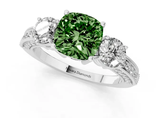 Fancy Green Cushion Cut Diamond Three-Stone Ring Set in Platinum with Round Side Stones and Pavé Band – second view
