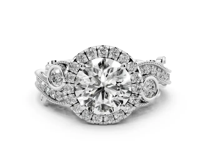 Round Cut Diamond Halo Ring Set in White gold with Milgrain Pavé Band and Prong Setting