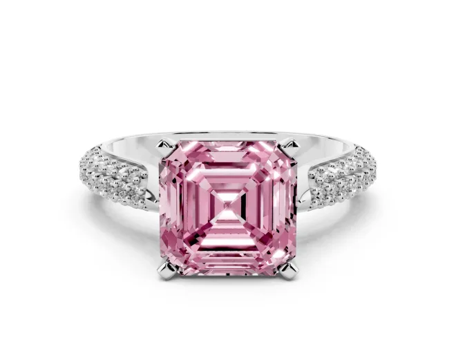 Asscher Cut Pavé Solitaire Engagement Ring Setting for a Fancy Pink Lab-Grown Diamond | Multi-Row Shoulders | White Gold