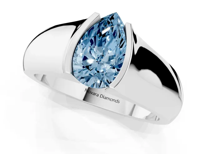 Fancy Blue Pear Cut Diamond Bezel Solitaire Ring Set in Platinum with Wide Band – second view