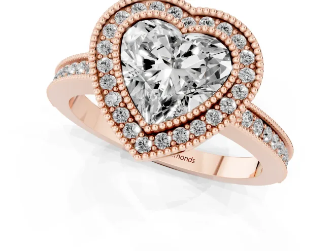 Heart Cut Diamond Halo Ring Set in Rose gold with Pavé Band and Milgrain-Edged Prongs – second view