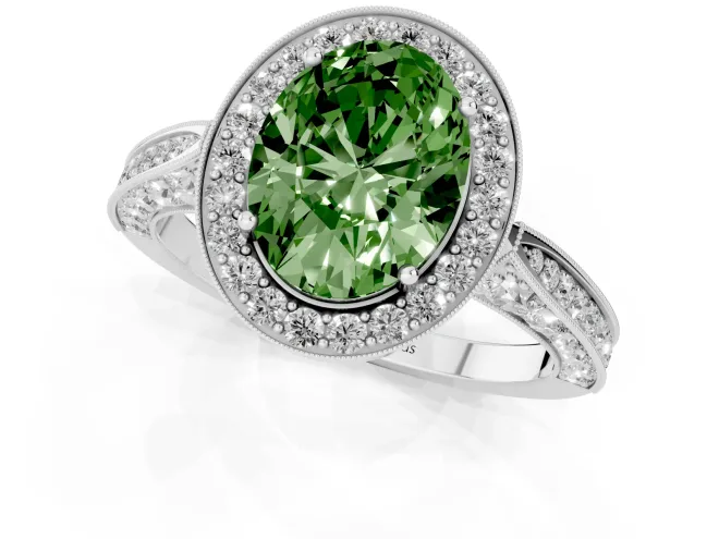 Oval Milgrain Halo Engagement Ring Setting for a Fancy Green Lab-Grown Diamond | Side Stones | Sterling Silver – second view