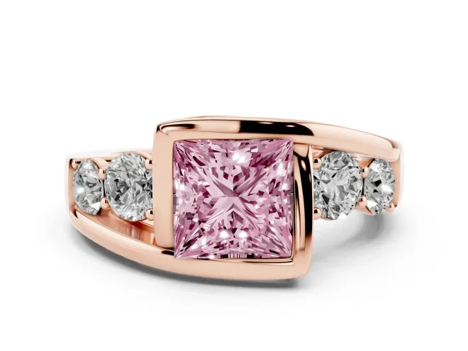 Fancy Pink Princess Cut Diamond Bezel Bypass Ring Set in Rose gold with Round Accents