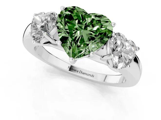 Fancy Green Heart Cut Diamond Three-Stone Ring Set in Silver with Bold Center and Classic Band – second view