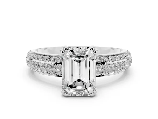 Emerald Cut Diamond Solitaire Ring Set in White gold with Multi-Row Round Pavé Band and Prong Setting