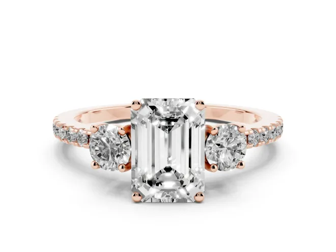 Emerald Cut Three Stone Engagement Ring Setting | Pavé Shoulders | Rose Gold