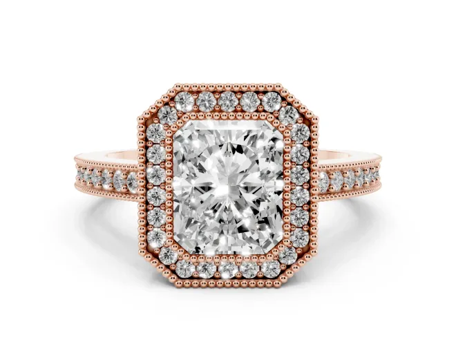 Radiant Cut Diamond Halo Engagement Ring Set in Rose gold with Pavé Band and Round Halo Stones