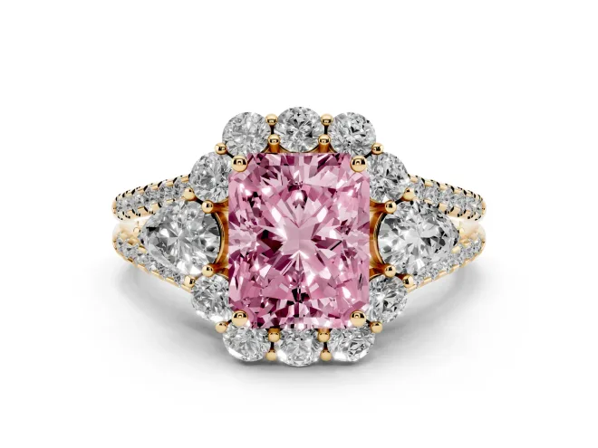 Radiant Cut Scalloped Halo Engagement Ring Setting for a Fancy Pink Lab-Grown Diamond | Pear Side Stones | Yellow Gold