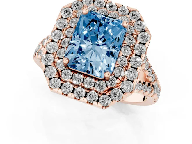 Fancy Blue Radiant Cut Diamond Double Halo Ring Set in Rose gold with Pavé Split Shank and Prong Setting – second view