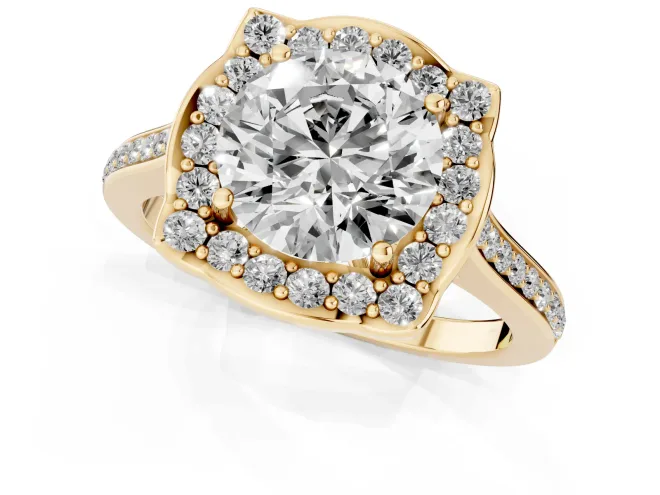 Round Cut Diamond Halo Ring Set in Yellow gold with Pavé-Lined Shoulders and Prong Setting – second view