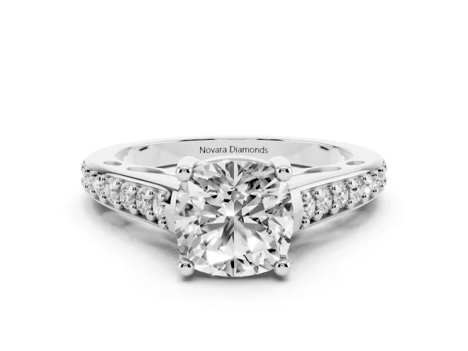 Cushion Cut Graduated Pavé Cathedral Engagement Ring Setting | Scroll Cut-Outs | Sterling Silver