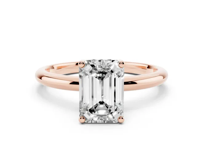 Emerald Cut Diamond Solitaire Engagement Ring Set in Rose gold with Prong Setting and Polished Band