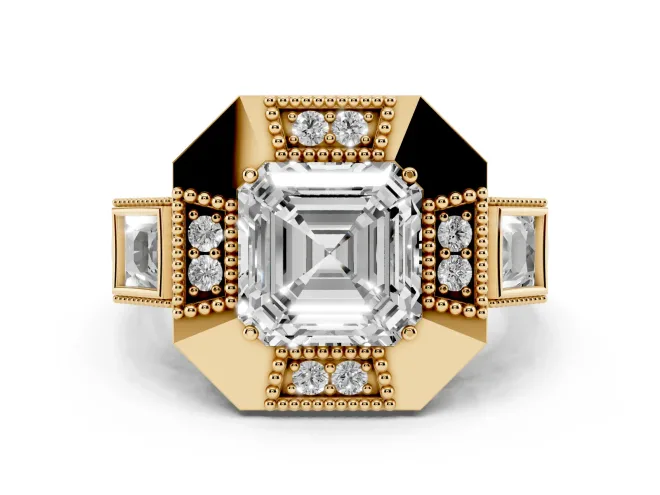 Asscher Cut Diamond Milgrain Halo Ring Set in Yellow gold with Split Shank