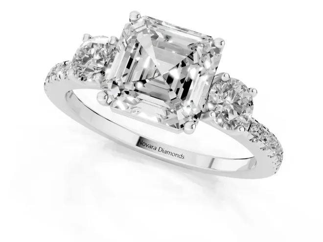 Asscher Cut Diamond Three-Stone Ring Set in Silver with Pavé Band and Graduated Sides – second view