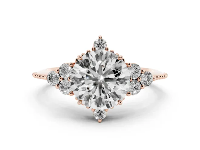 Round Vintage Cluster Engagement Ring Setting | Beaded Edges | Rose Gold