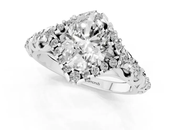 Oval Cut Diamond Solitaire Ring Set in Platinum with Hidden Halo and Pavé Band – second view