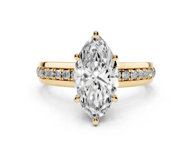 Marquise Cut Diamond Solitaire Ring Set in Yellow gold with Channel Set Band and Prong Setting