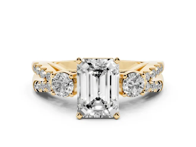 Emerald Cut Three Stone Engagement Ring Setting | Pavé Split Shank | Yellow Gold