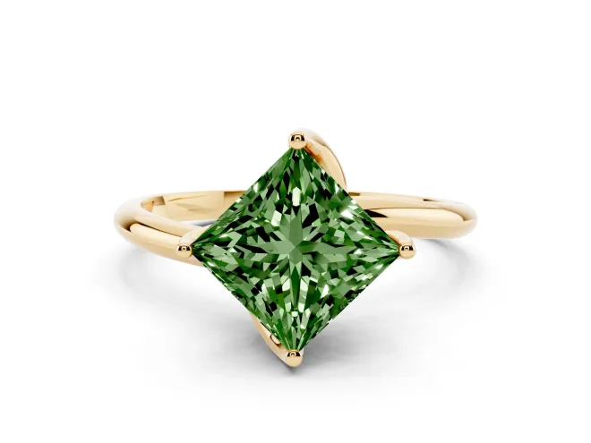 Fancy Green Princess Cut Diamond Solitaire Engagement Ring Set in Yellow gold with Classic Plain Band