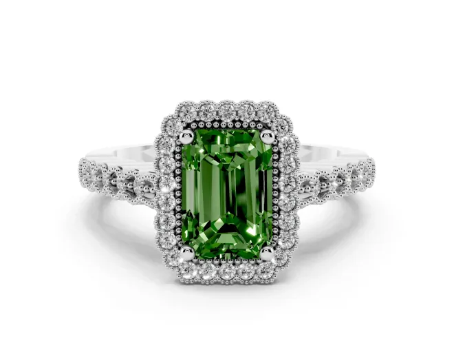 Radiant Cut Milgrain Halo Engagement Ring Setting for a Fancy Green Lab-Grown Diamond | Beaded Shoulders | White Gold