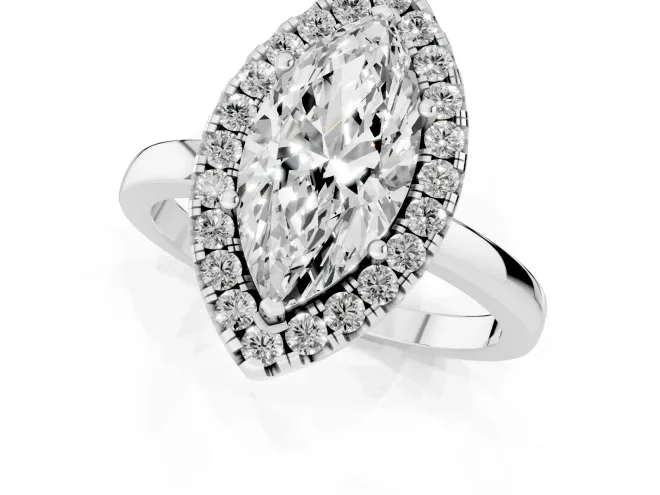 Marquise Cut Diamond Halo Solitaire Ring Set in Platinum with Pavé Band and Prong Setting – second view