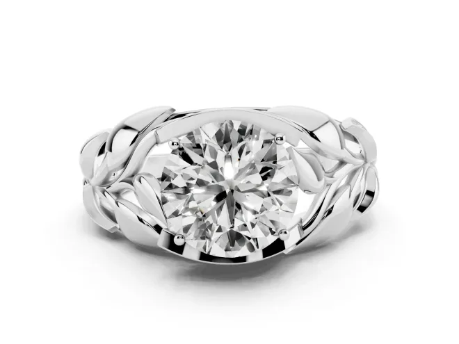 Round Cut Diamond Leaf-Inspired Engagement Ring Set in Silver with Round Accents