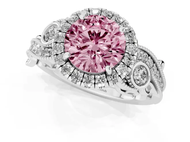 Fancy Pink Round Cut Diamond Halo Ring Set in Platinum with Milgrain Pavé Band and Prong Setting – second view