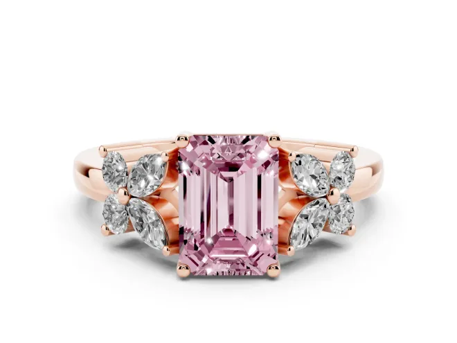 Emerald Cut Floral Side Stone Engagement Ring Setting for a Fancy Pink Lab-Grown Diamond | Rose Gold