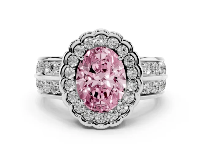 Oval Scalloped Halo Engagement Ring Setting for a Fancy Pink Lab-Grown Diamond | Double Row Band | White Gold