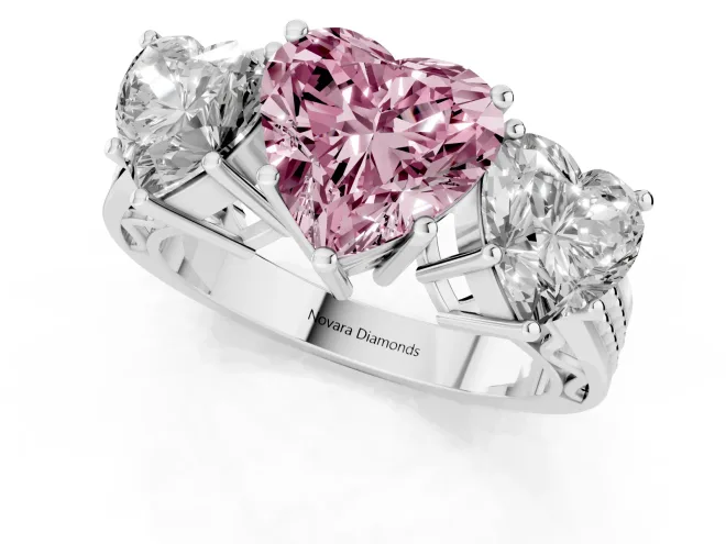 Fancy Pink Heart Cut Diamond Three-Stone Ring Set in Platinum with Textured Band – second view